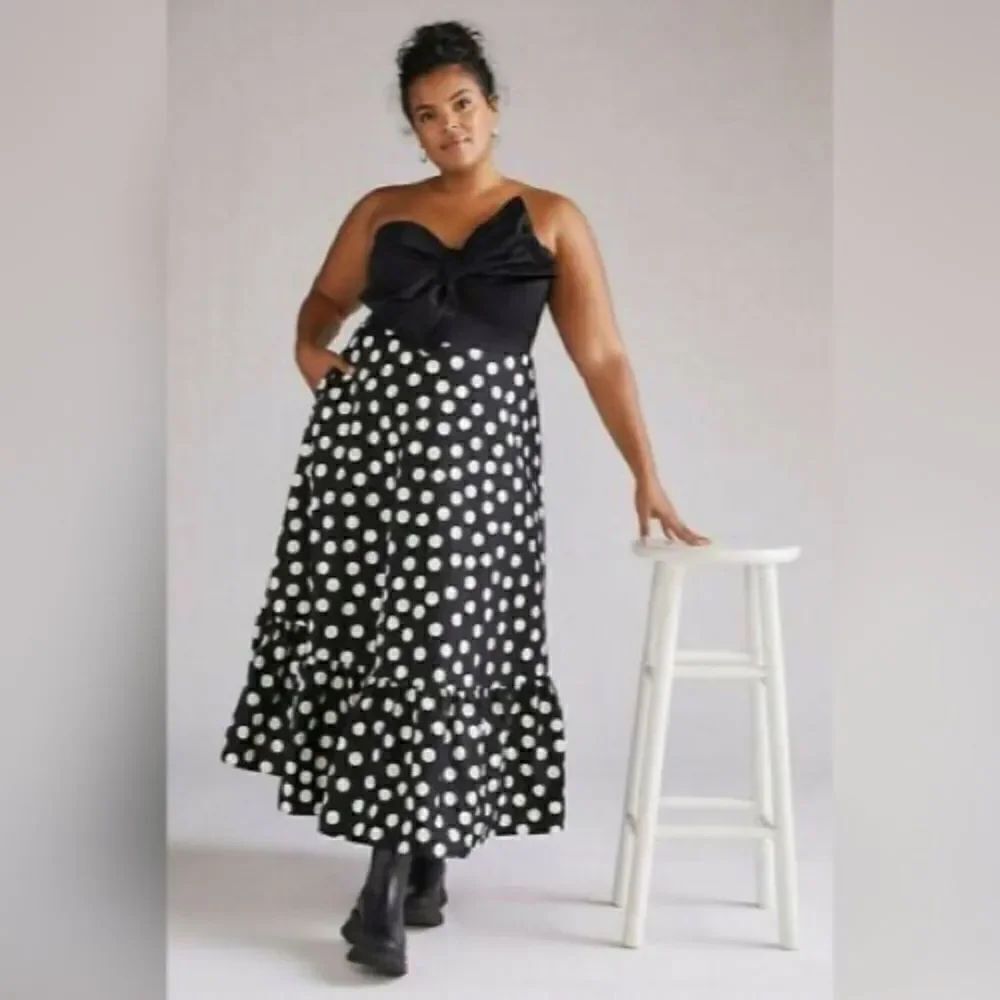 Anthropologie - Hutch Polka Dot Bow Tie Maxi Dress Black and White